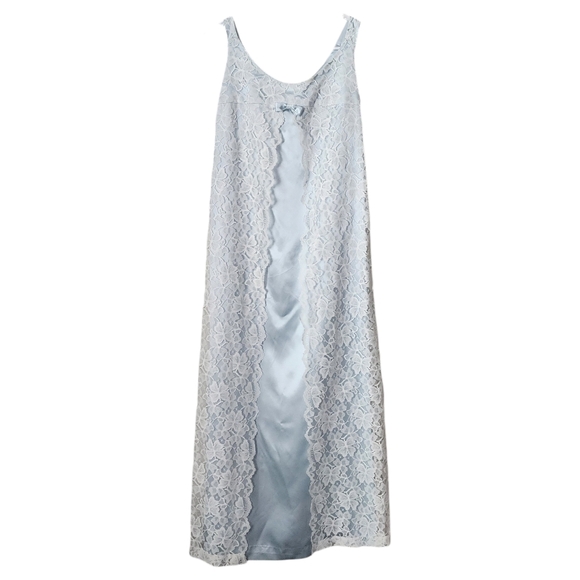 VINTAGE Handmade Ethereal Maxi Dress light blue satin scalloped lace overlay - Picture 1 of 10